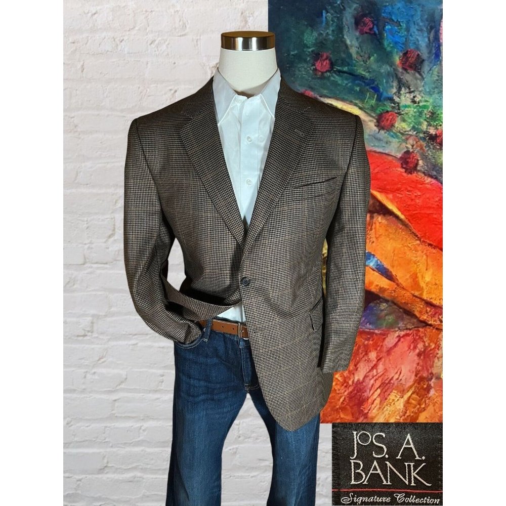 Jos A Bank 46R Signature Houndstooth Blazer Coat Jacket Silk Camelhair